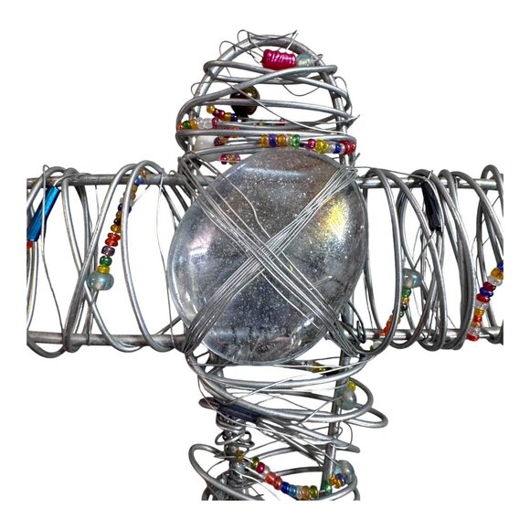 VintageHandcrafted Metal Wire & Beaded Cross Wrapped Glass Centerpiece Beads - Picture 2 of 5